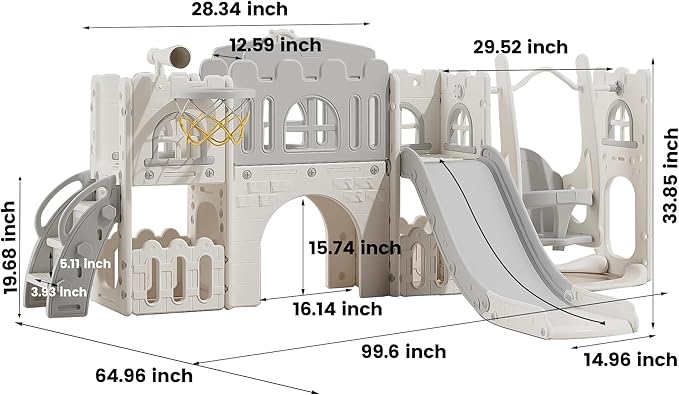 10 in 1 Toddler Slide Age 1-3 with Swing Basketball Hoop and Telescope Indoor Outdoor Slide Playset Toddler Playground (Grey)