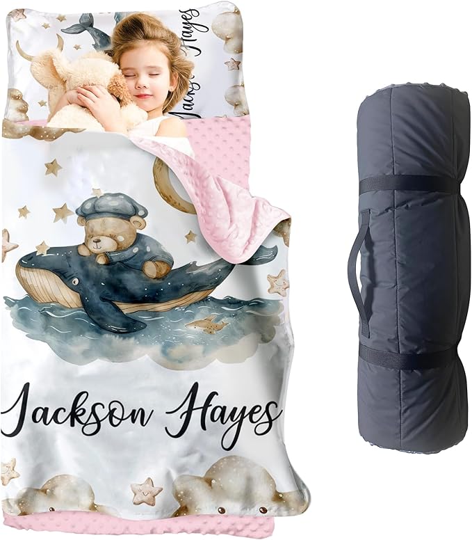 Personalized Toddler Nap Mat for Girls – Custom Name Kids Nap Mat – Daycare Sleeping Mats with Removable Pillow and Soft Minky Dot Blanket for Preschool, Travel, Kindergarten