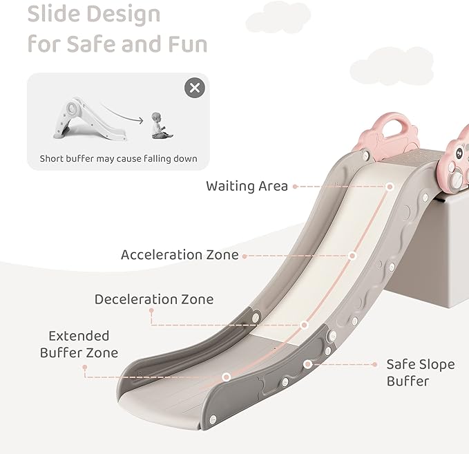 Indoor Kids Baby Couch Slide for Toddler 1-3, Sofa Slide Add-on Attachment for Bed Nugget Playgrounds, with Secure Base Guardrail, Gentle Slope Extended Buffer Zone, Fun Car Design, Pink