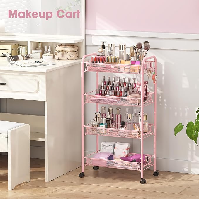 TOOLF 4 Tier Rolling Cart, Metal Utility Storage Cart with Wheels, Pink | 3 Hooks, Screwless Assembly, Trolley Organizer for Bathroom, Kitchen, Office, Nursery, Dorm, Laundry Room
