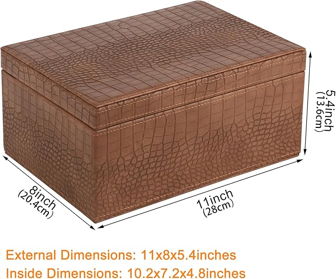 HofferRuffer Faux Leather Decorative Box, Large Wooden Structure Keepsake Box Accessory Organizer Jewelry Organizer with Hinged Lid, Storage Container for Home or Office (CrocoBrown)