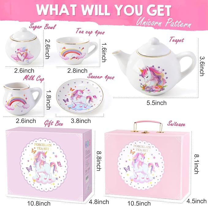 TUZT Porcelain Tea Party Set for Little Girls Kids Toddlers, 13Pcs Unicorn Tea Set - Teapot & Cup & Saucer & Suitcase,Pretend Play Toys Kitchen Set - Christmas Birthday Gift for Girls