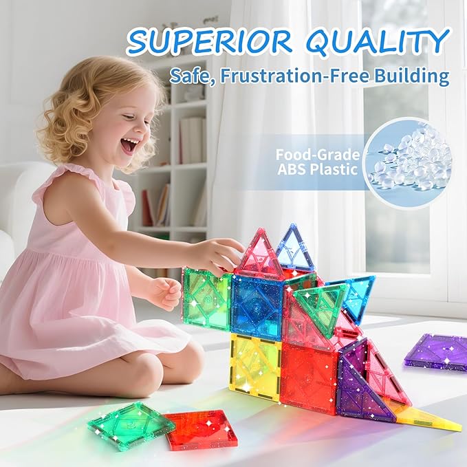 100 Pieces Magnetic Tiles for Kids Ages 4-8, Glitter Magnetic Building Tiles Preschool Learning Magnet Toys, STEM Sensory Magnet Building Blocks for Toddlers 3 4 5 6 7 8+ Year Old Boys Girls