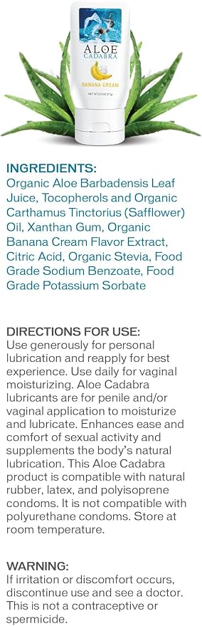 Aloe Cadabra Flavored Personal Lubricant and Vaginal Moisturizer, Organic Edible Aloe Lube for Men, Women, and Couples, Non-Staining, pH Balanced, Toy Compatible (Banana Cream, 2.5 Ounces, 1 Pack)