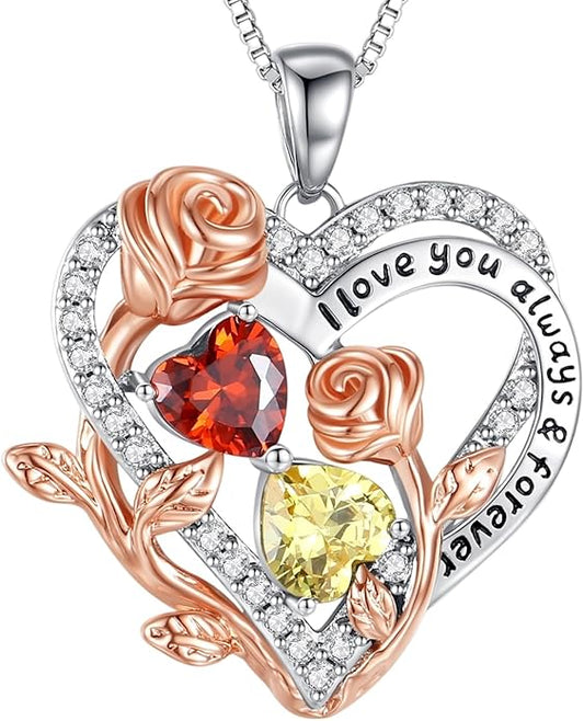 I Love You Birthstone Necklace, 925 Sterling Silver Heart Pendant with CZ Diamond Stones, Birthday Gifts for Women, Romantic Gift for Wife, Girlfriend, Her, Anniversary, Valentine's Day, Christmas
