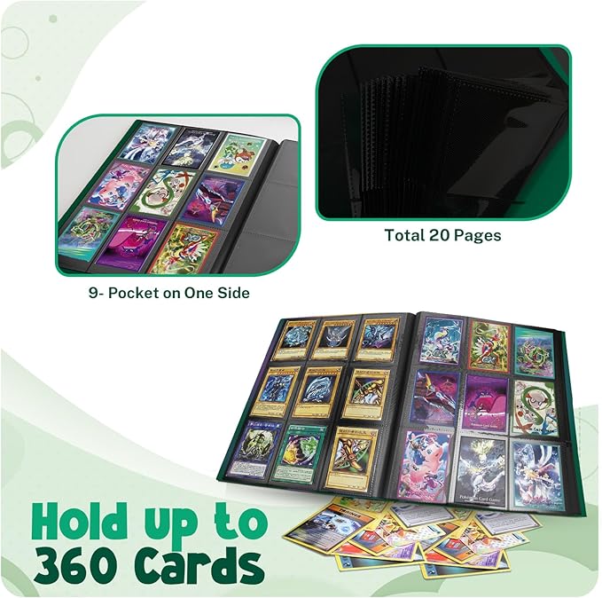 Card Binder, 9 Pocket Trading Card Album Folder,20 Pages, 360 Card Capacity Sports Card Binder, Premium Card Binders Compatible with MTG, TCG, Baseball Cards (Green)