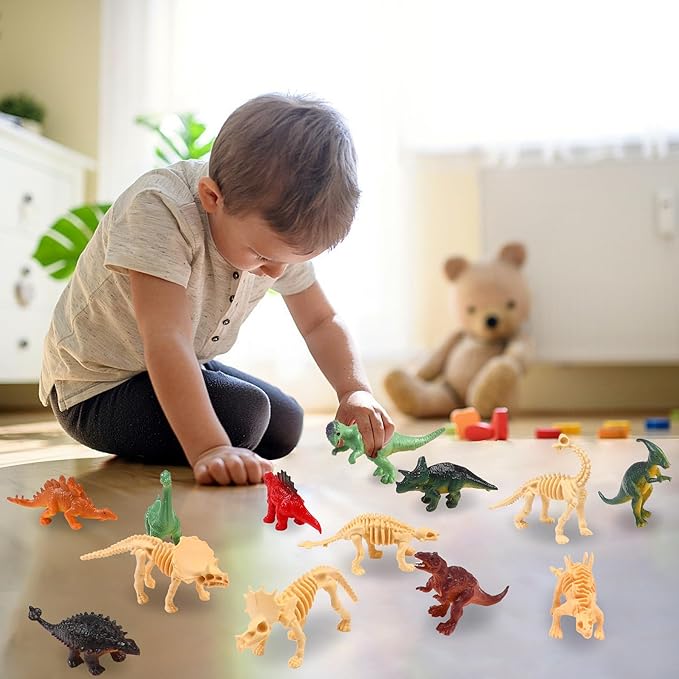 UPINS 24 pcs Dinosaur Skeleton Toy 3.5 Inch Assorted Figures and Dinosaur Fossil Skeletons with Storage Box Educational for Science Play Dino Sand Dig Party Favor Decorations