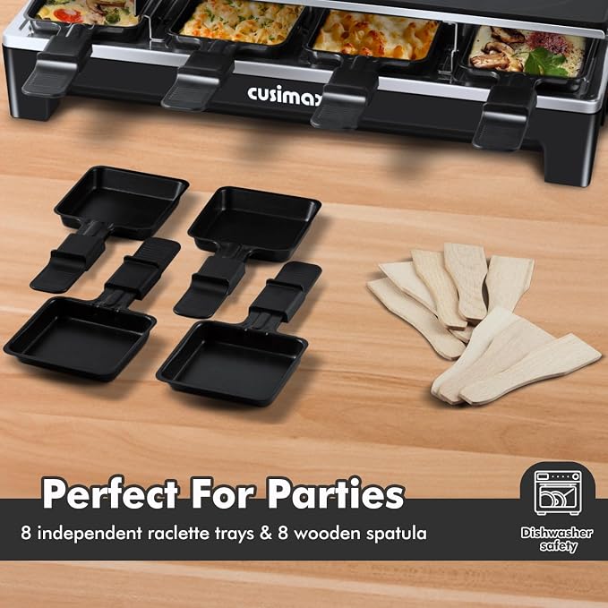 Raclette Table Grill, CUSIMAX Electric Indoor Grill Korean BBQ Grill, Black | 1500W/2 in 1 Reversible Non-stick Plate/Crepe Maker with Adjustable Temperature Control/8 Raclette Pans & Wooden Spatulas