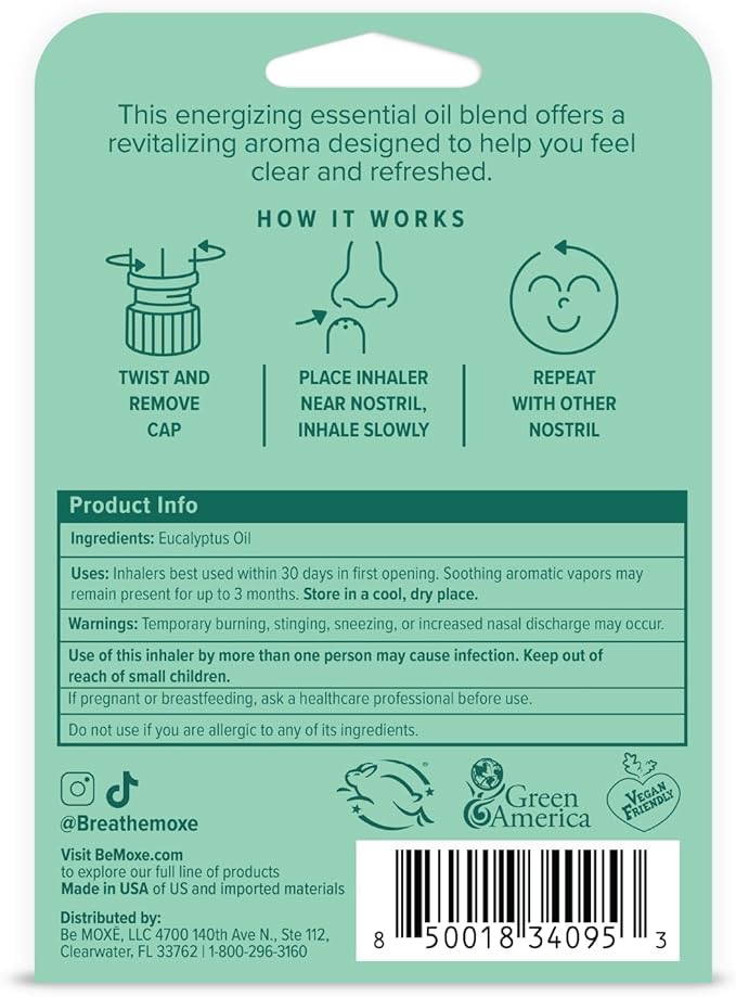 MOXĒ Eucalyptus Essential Oil Nasal Inhaler, Sinus & Congestion Relief, Daily Relaxation, Stress Relief, Therapeutic No-Mess Aromatherapy, Pure and Natural, Made in USA (3 Pack) packaging may vary