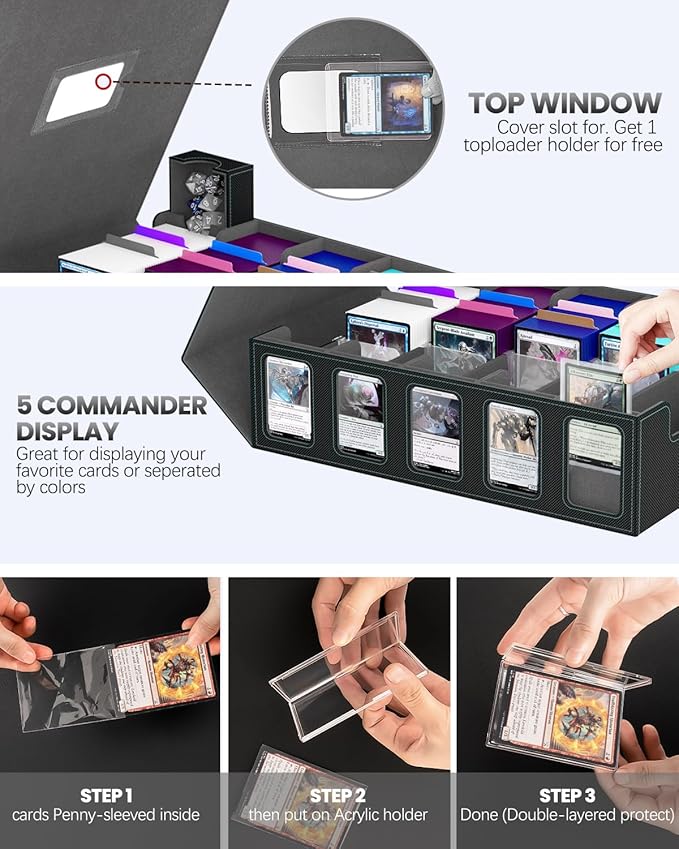 Trading Card Storage Box Gomyrod, 5-Row Card Case with Commander Display & Portable Handle, 4200+ MTG Deck Box Compatible for MTG/TCG/Magic Cards, 30 Colorful Divider, 8 Card Supporters (Black & Grey)