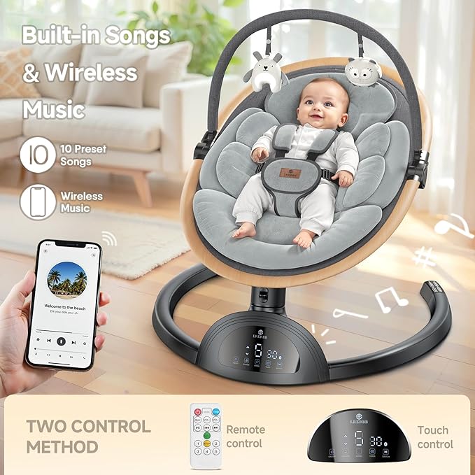 Electric Baby Swings for Infants, Infant Swing with Music Speaker, 3 Seat Positions, 5 Speeds and Remote Control for Newborn Boy Girl, Indoor & Outdoor Use, Black