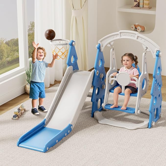 XJD 4-in-1 Toddler Slide and Swing Set, Kids Slide for Toddlers Age 1+, Toddler Outdoor Playset with Basketball Hoop, Swing, Christmas Birthday Gifts for Kids (Light Blue)