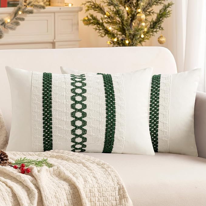MIULEE Set of 2 Dark Green Boho Decorative Lumbar Pillow Covers 12x20 Inch | Farmhouse Couch Throw Pillows, Modern Cotton Cushion Cover, Macrame Woven Home Decor for Bed Sofa Chair
