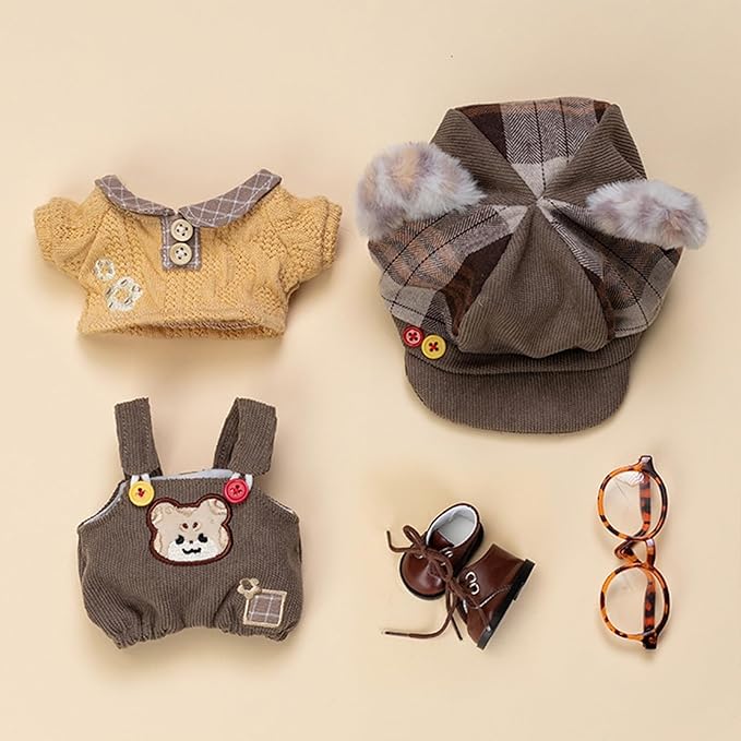 CALEMBOU Soft Stuffed Animal Clothes, Cute 20cm Plush Doll Clothe Set for Stuffed Animals, Hat Shirt Shoes Glasses Bag Bib Pants 20cm Doll Clothes (Leopard Doll Clothes Set-20cm/8)