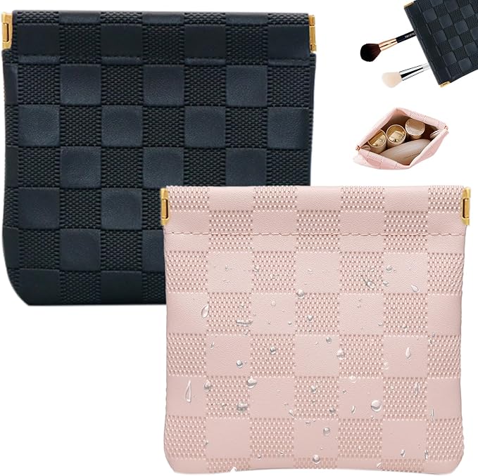 2 PCS Small Makeup Bag for Women, Small Pouches for Purse,Mini Checkered Cosmetic Bag Waterproof Pouch for Travel Storage bag, for Cosmetics Headphones Jewelry Cosmetic Lipstick Coins (Black, Pink)