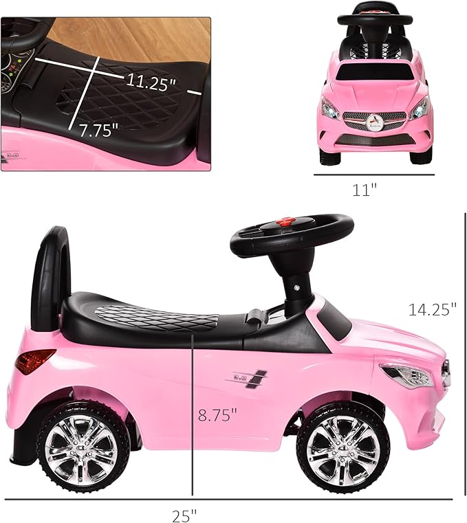Aosom Kids Ride On Push Car, Foot-to-Floor Walking Sliding Toy Car for Toddler with Working Horn, Music, Headlights and Storage, Pink