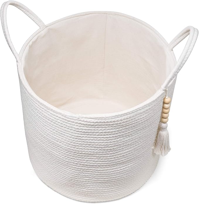 Mkono Woven Storage Basket for Blanket, Toys Plant Organizer, 16"W x 13.8"L | White, Cotton, Decorative Basket with Handle, Wood Beads Tassel, Shoes Towel Clothes Storage Bin, Living Room Bedroom Nursery