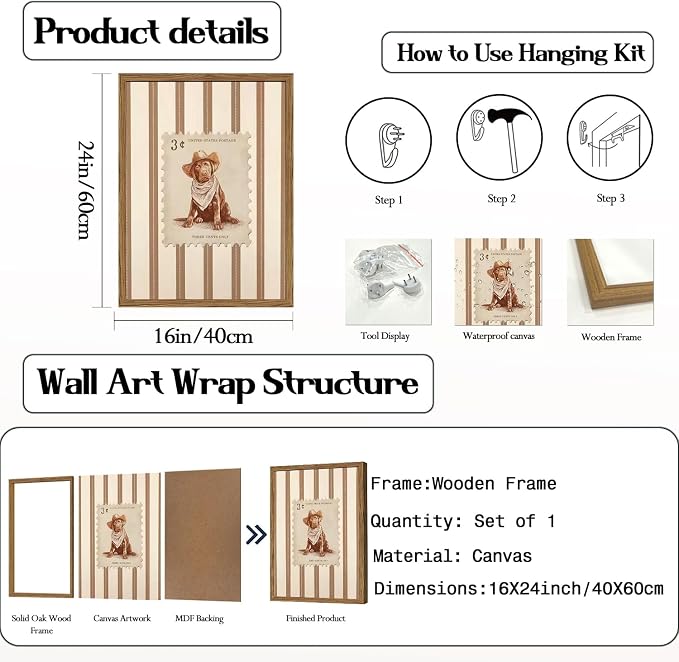 Western Cowboy Dog Wall Art, Vintage Striped Animal Southwestern Wall Decor Pictures Retro Southwest Cowboy Poster Painting Canvas Print for Living Room Bedroom 16x24 Inch Wood Framed