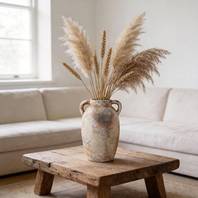 Ceramic Flower Vase, 9.8" Rustic Farmhouse Vase with Glazed Interior, Decorative Pottery Vase for Fresh Flowers, Eucalyptus, Dining Table Centerpiece, Entryway and Mantel Decor