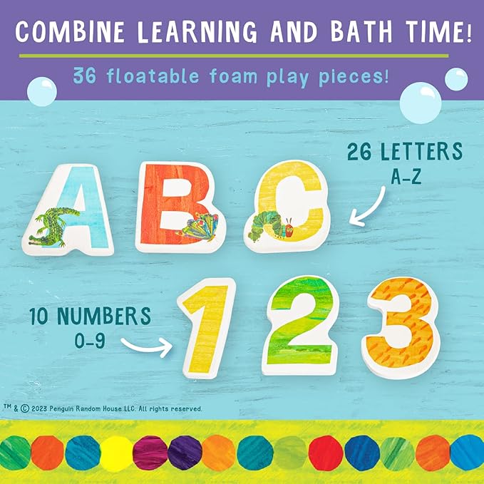 Kids Preferred World of Eric Carle Bath Time 36 Piece Foam Bath Toys Letters and Numbers Set for Toddlers and Mesh Bag Perfect for Water Play Ages 3 and Up