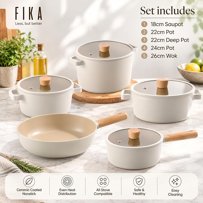 FIKA 9-Piece Nonstick Ceramic Coated Pots and Pans Set with Wok, Saucepan, Casserole & Deep Casserole, Glass Lids, Natural Wood Handles, Induction Compatible, Made in Korea