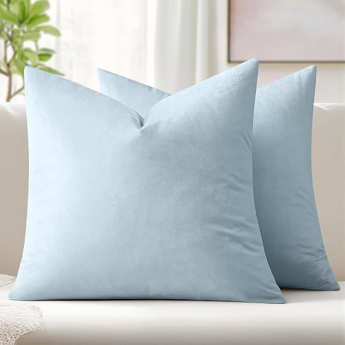 MIULEE Velvet Throw Pillow Covers 20x20 Inch Pack of 2 Light Blue | Soft Solid Decorative Pillow Covers, Modern Luxury Home Decor, for Couch Chair Sofa Bedroom Livingroom