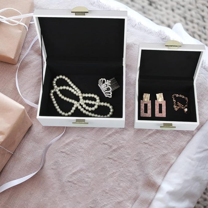 HofferRuffer Faux Leather Jewelry Boxes, Decorative Boxes Storage Accessory Organizer with Gold Hardware Decor, Classic Vegan Leather Set of 2 Pieces (White)