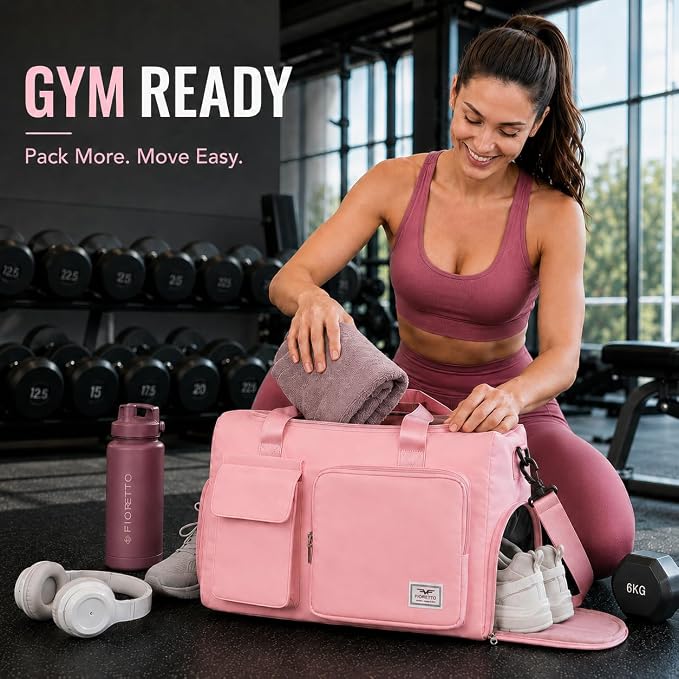 FIORETTO Women's Gym Duffle Bag with Shoes Compartment, 30L Capacity, Ideal for Travel, Gym, Sports, Duffel, Weekender