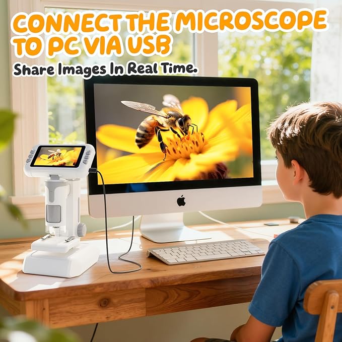 1600X Microscope for Kids, 4K 4.0" Digital Screen Kids Microscopes with Slides Kit, Educational Science Toys for Christmas Birthday Gifts for 3-14 Year Old Children Students