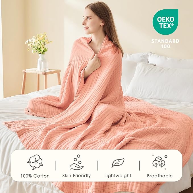 EMME Muslin Blankets for Adults Throw Blanket for Couch Breathable Gauze Soft Lightweight Airy Pink Queen 90" x 90"