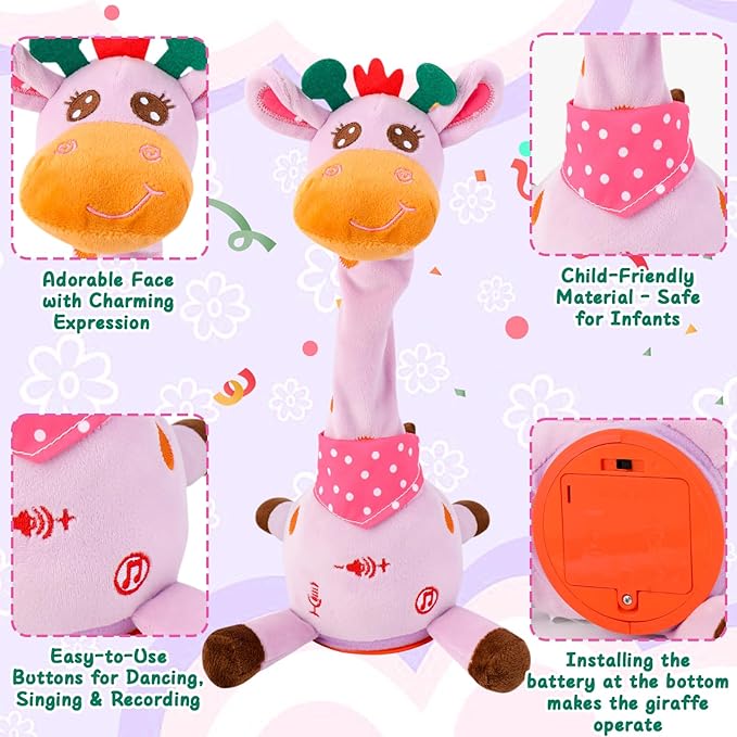 MIAODAM Dancing Giraffe Singing 10 Children's Song, Stuffed Baby Toy Repeats What You Say, Colorful Glowing Plush Interactive Toys (Purple Giraffe)