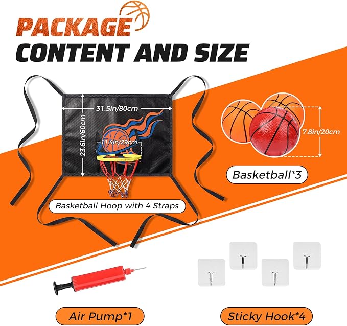 Trampoline Basketball Hoop Attachment, with 3 Basketballs and Pump & Hooks, Easy to Install, Universal Accessories Goal Game Fits 8 10 12 14 15 16 FT Trampoline Indoor Outdoor
