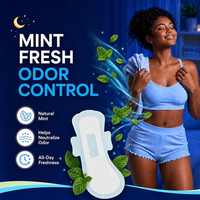 BST Mint Fresh Extra Heavy Overnight Pads for Women, Period Pads with Wings, Feminine Care, Ultimate Absorbency, Odor Control Sanitary Napkins（4 Count, Packaging May Vary）