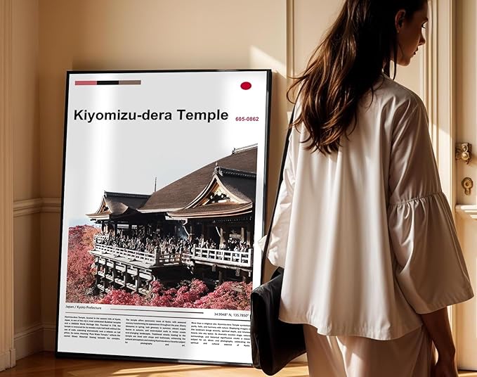 Poster Kiyomizu-dera Temple Wall Art Original Design(30"x20" Golden Frame) Kyoto Japan Pagoda Print Autumn Red Maple Leaf Landscape Scenery Buddhist Shrine Zen Culture Travel Landmark Series Picture