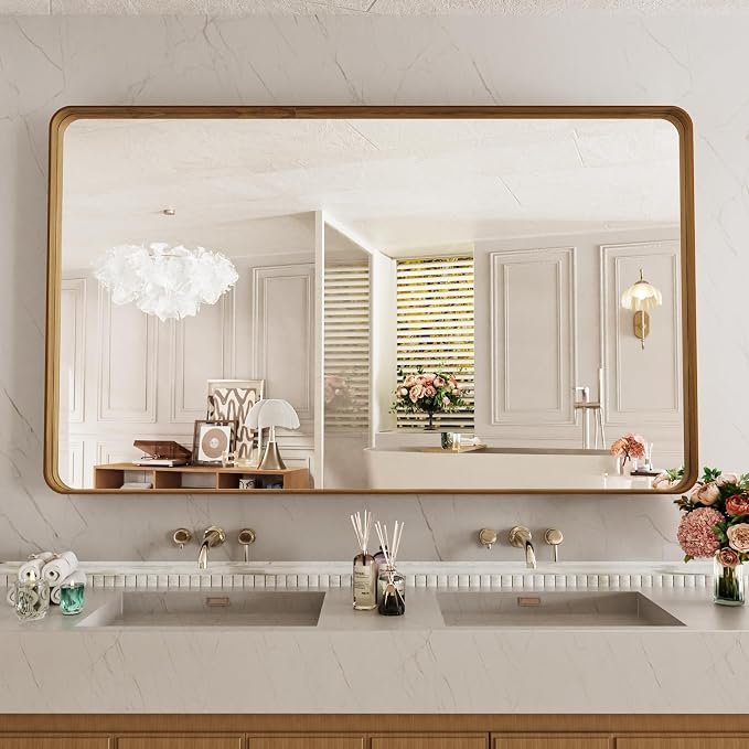 LOAAO 60X28 Inch Bathroom Mirror with Wood Grain Colored Metal Frame | Rounded Rectangle Metal Framed, Anti-Rust, Hangs Horizontally or Vertically, Tempered Glass