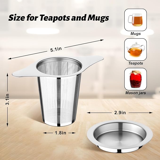 FrutPunch Loose Leaf Tea Infuser with Lid Set of 2, Ultra-Fine Mesh Tea Strainer, Large Capacity, Double Handles, Can be Hung on Teapot, Cup, Gift for Tea Lovers
