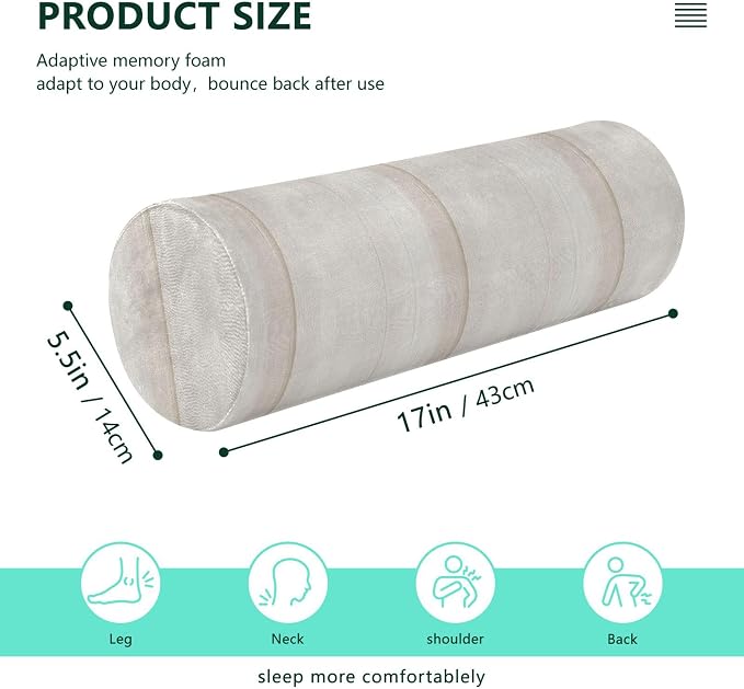 Decorative Bolster Pillow Memory Foam Neck Roll Pillow Round Pillows for Neck Cylinder Pillow Bed Roll Pillow for Neck Support Ivory Stripe