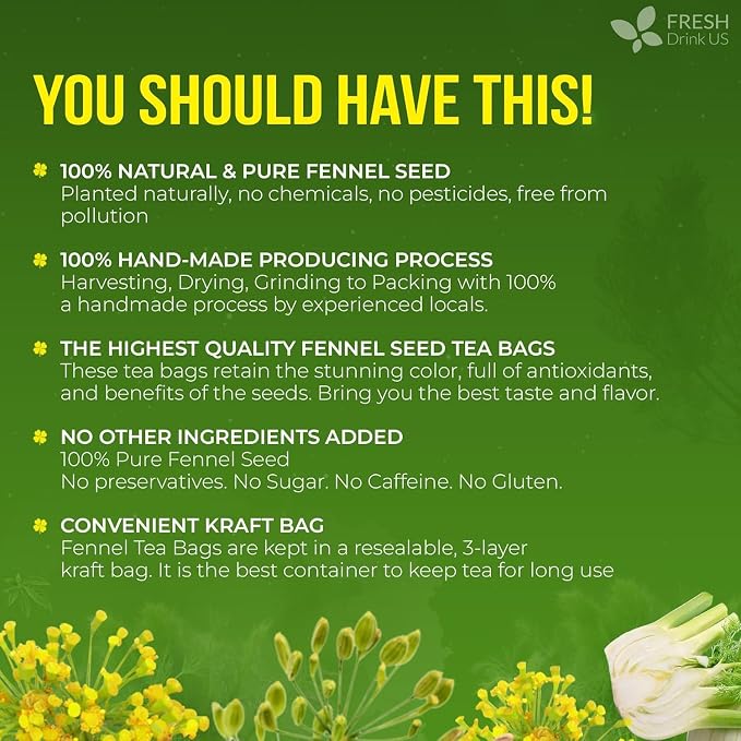 FreshDrinkUS, Premium 75 Fennel Seed Tea Bags – 100% Natural & Pure, Handmade Herbal Tea, Eco-Friendly, Fresh Aroma, Made with Natural Material Tea Bags. No Sugar, No Caffeine, No Gluten, Vegan.