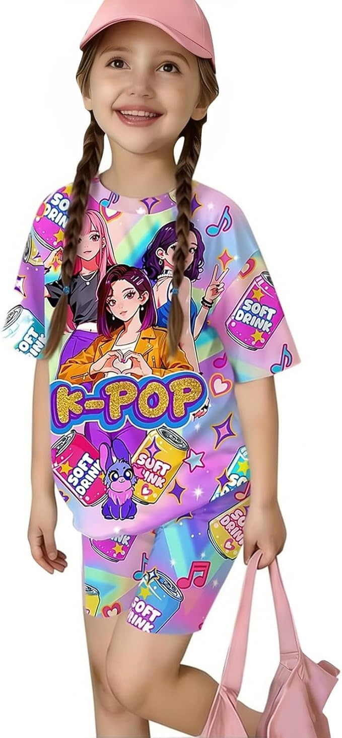 K-POP DEM0N Hunters Outfits for Girls, 2 Piece T-Shirts and Apparel Sets Birthday Gift