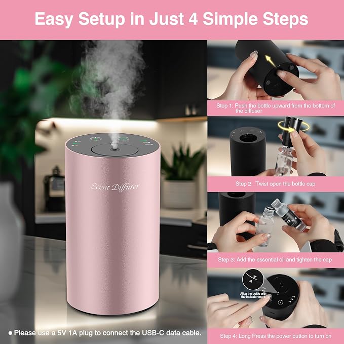 Waterless Essential Oil Diffuser Starter Kit - No Water Needed, Battery Operated Mini Scent Air Machine, Included 3x20ML Essential Oils, Portable Aromatherapy Diffuser for Home & Car & Office, Pink