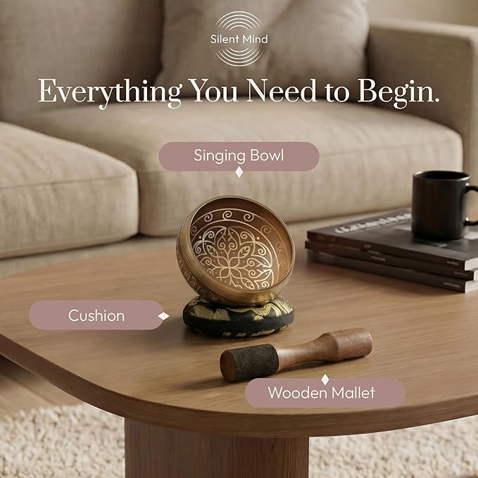 Silent Mind Tibetan Singing Bowl Set – Easy to Play & Beginner Friendly Meditation Bowl with Cushion & Mallet | Stress Relief & Mindfulness | Gift-Ready