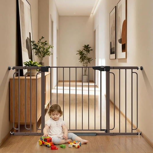Cumbor 36.6-59" Extra Wide Baby Gate for Stairs, Pressure Mounted Dog Gate for Doorways, Auto-Close Easy Walk Through Safety Child Gate for Kids Toddler, Tall Pet Gates Indoor, Brown