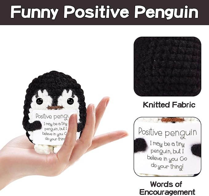 Hoedia Handmade Emotional Pickle Gift, Cucumber Crochet Doll Inspirational Gifts with Cards, Cute Knitted Funny Support Pickle Friend Birthday (Positive Penguin)