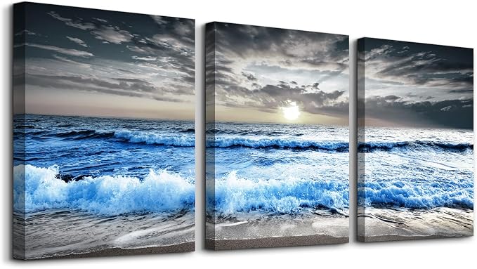 MHARTK66 Large Canvas Wall Art for Living Room, Bedroom, Office Decor - Blue Ocean Wave Seascape Pictures, Black and White Beach Painting - Modern Home Decorations