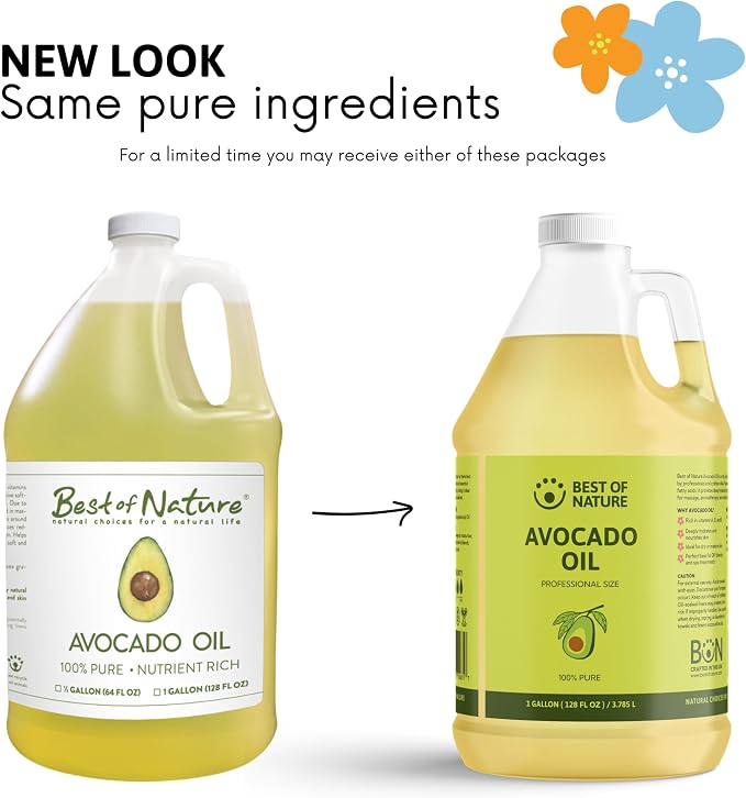 Best of Nature 100% Pure Avocado Oil – Natural Massage Oil, Moisturizing Body & Hair Oil, Unscented Skincare & Carrier for Essential Oils, Gallon (128 Fl Oz)
