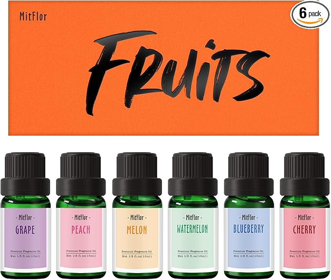 Fragrance Oil, MitFlor Fruit Essential Oils for Diffusers for Home, 6x10ml, Soap & Candle Making Scents, Summer Diffuser Oils, Peach, Cherry, Watermelon, Blueberry, Grape, Melon