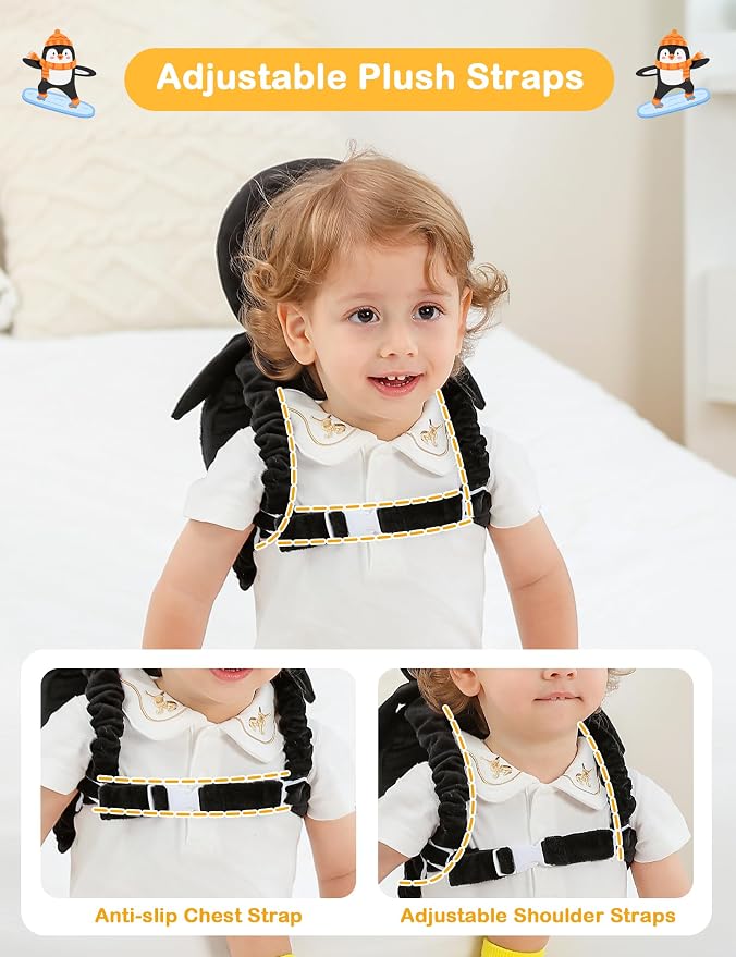 JunNeng Baby Head Protector Backpack, Toddler Walking Fall Head Protection, White Black Penguin