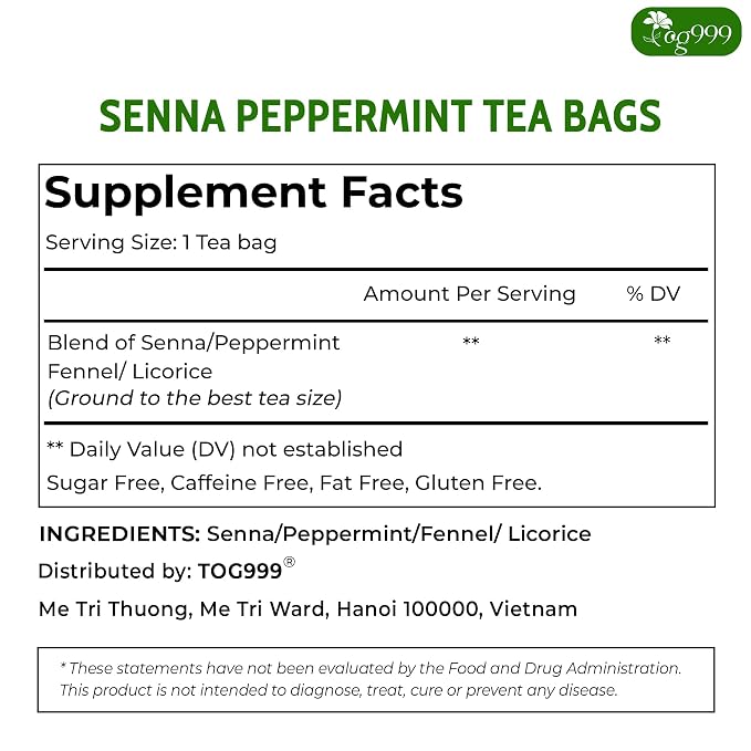 TOG999, 60 Tea Bags, Blend of Senna Leaves - Peppermint - Licorice - Fennel, 100% Natural Ingrendients, Hand-made Herbal Tea, Relieves Constipation Naturally Tea, No Sugar, No Caffeine, No Gluten, Vegan.