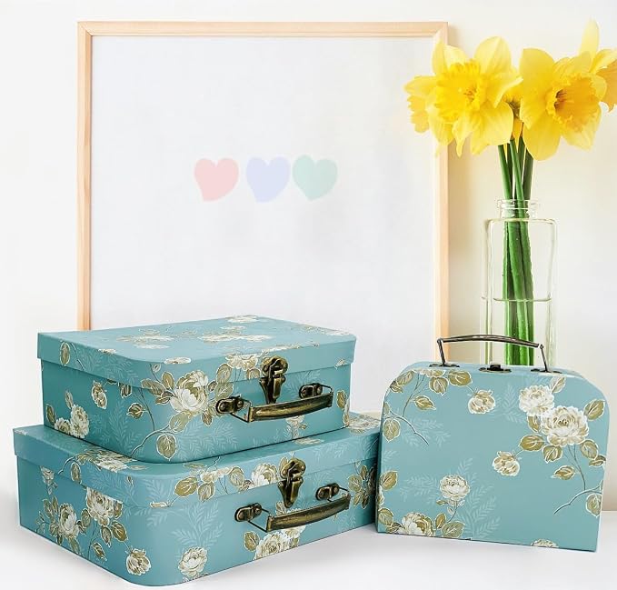 Decorative Box Set - 3 Storage Boxes with Lids, Keepsake & Trinket Boxes, Mini Luggage Gift Box, Vintage Suitcases Home Decoration