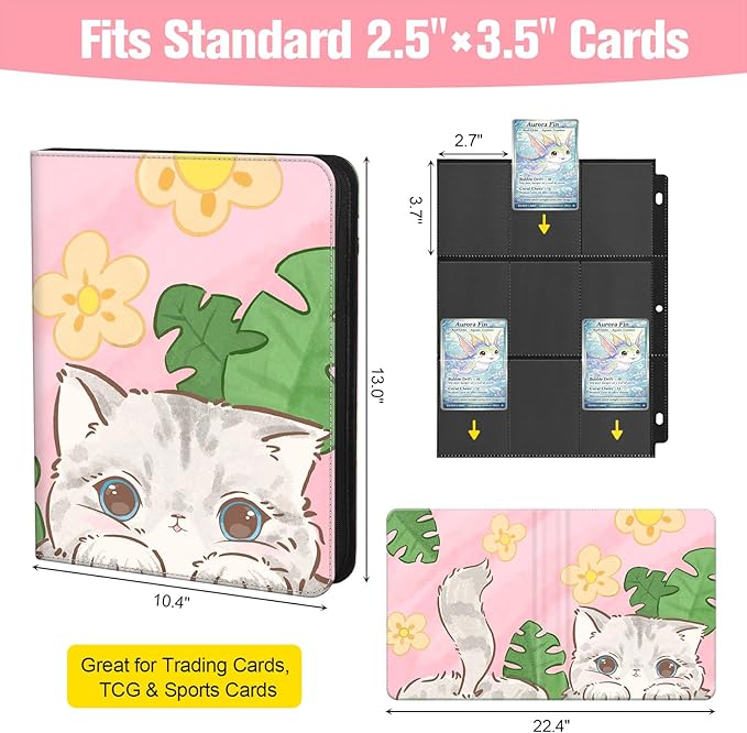 Trading Card Binder for TCG, 900 Pockets, 9-Pocket Top-Loading Pages, 3-Ring Zippered Album, Acid-Free PVC-Free, Fits Standard 2.5" x 3.5", PU Cover with Wrist Strap, Cute Cat Design